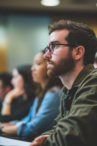 A male professional, appearing motivated and forward-thinking, attending a training session or workshop. He's taking notes, engaged in the learning process, which reflects commitment to long-term professional development.