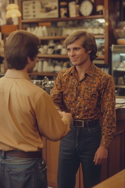 A young male professional, looking amiable and composed, shaking hands with a former colleague or supervisor in a coffee shop. The scene portrays a friendly yet professional interaction, symbolizing the importance of maintaining good relationships post-termination.