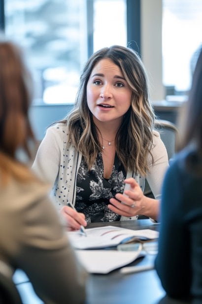 An image of a newly promoted female professional, looking confident yet approachable, leading a small team meeting. She demonstrates an inclusive leadership style, engaging with her team members who show interest and respect.