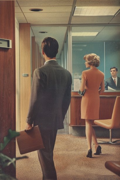 A young male professional, in a smart-casual outfit, confidently approaching a receptionist in a modern office lobby. He's holding a portfolio, ready to request a meeting for reemployment, showing a mix of anticipation and professionalism.