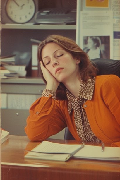 A female professional sitting at her desk, taking a deep breath with her eyes closed, signifying a moment of calming herself and managing her emotions before responding to a challenging situation.
