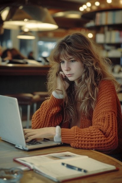 A young female job seeker, looking determined and hopeful, browsing job listings on her laptop at a café. She's taking notes, symbolizing the proactive approach to finding corporate employment.
