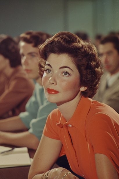 A mid-career female professional in a workshop or training session, actively participating in a group discussion. Her expression is one of engagement and eagerness to learn, reflecting commitment to professional development post-termination.