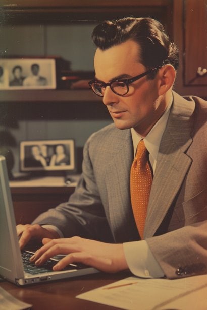 A mature male professional, looking reflective and sincere, typing on his laptop with personal mementos or photos in the background. This setting conveys the infusion of personal touch into the professional email.