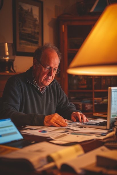 A middle-aged male professional, looking determined and focused, sitting at his home office desk in the evening. He's surrounded by financial documents and a digital calendar, highlighting the planning aspect of financial stability and timing for his resignation.