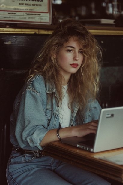 A photo of a young female professional, sitting at a café with her laptop open, composing a thank-you email. She looks relieved and hopeful, reflecting the post-interview phase. The background subtly captures the casual café setting.