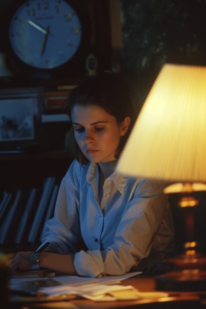 A young female professional, looking organized and determined, setting up her workspace at home during the evening. The scene should include a visible clock showing a late hour, a well-organized desk, and her preparing a to-do list, embodying strategic nighttime productivity.