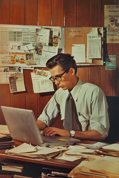 A young male professional in a home office setting, deeply engrossed in researching on his laptop. He has papers and notes spread out around him, and on the wall, there's a large board with key points and a printed job description. His expression is one of determination and diligence, showcasing thorough preparation.