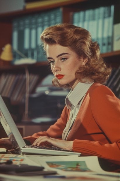 A young female professional, sitting at a desk in a well-lit room, deeply engrossed in researching a company on her laptop. She has notes and a company's printed profile spread out in front of her. Her expression is one of concentration and determination, reflecting the thorough preparation needed for a fit interview.