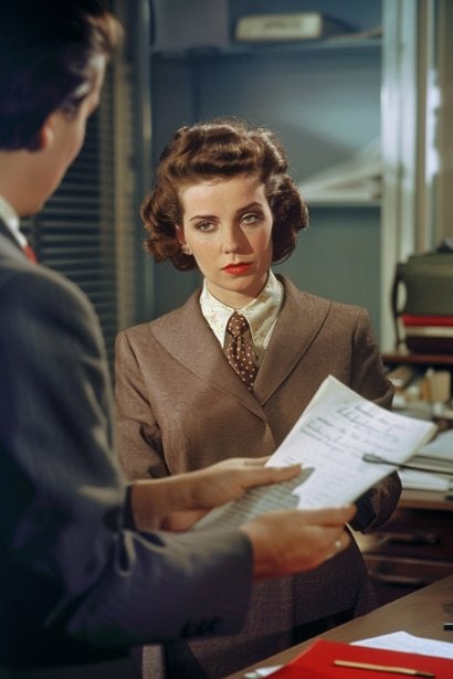 A middle-aged female professional, appearing composed and professional, handing over a resignation letter to a slightly surprised supervisor in an office setting, symbolizing the act of responsibly leaving a job.