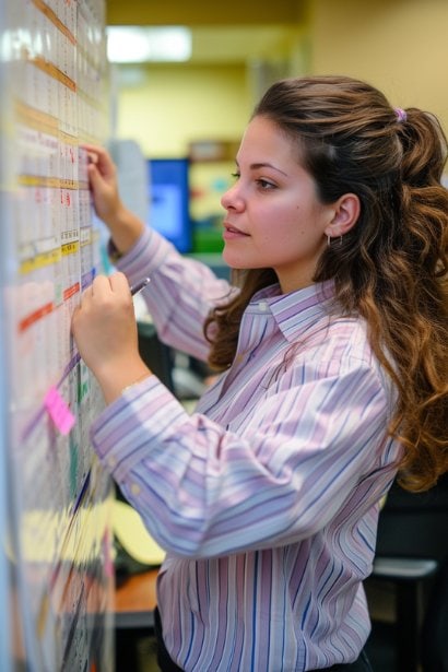 A female professional, showing a look of determination and focus, standing in her office while looking at a large wall planner. She's marking new dates with a pen, indicating the process of evaluating availability and choosing specific dates and times for rescheduling.