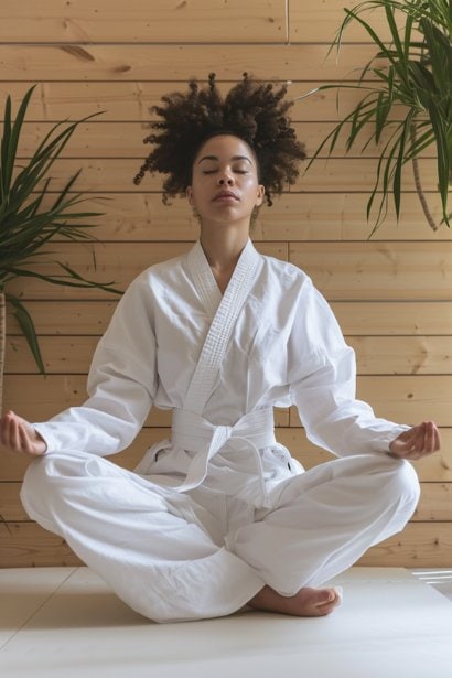 A young female professional practicing meditation in a quiet corner of her office, eyes closed and in a peaceful posture. This scene conveys the importance of self-care and mental health in a professional environment.