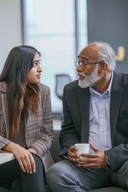 A candid shot of a young South Asian female employee and a middle-aged Black male boss conversing over coffee in a break room. Both are relaxed, with the boss listening intently and the employee speaking animatedly, reflecting a healthy professional dynamic.