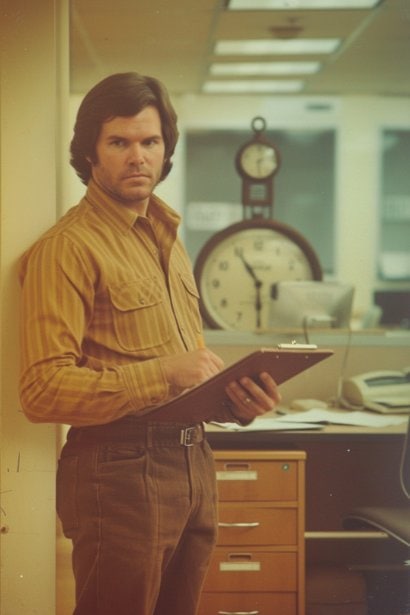 A male professional in his 30s, looking concerned and perplexed, standing in an office space with a clipboard in hand. He's observing a coworker who is missing a deadline, symbolized by an oversized, prominently displayed office clock showing a time past due.