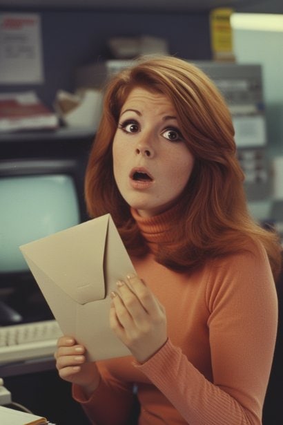 A young female professional, looking pleasantly surprised and touched, opening an envelope in a modern office setting. She's sitting at her desk with a computer in the background, symbolizing the moment of receiving an unexpected bonus.