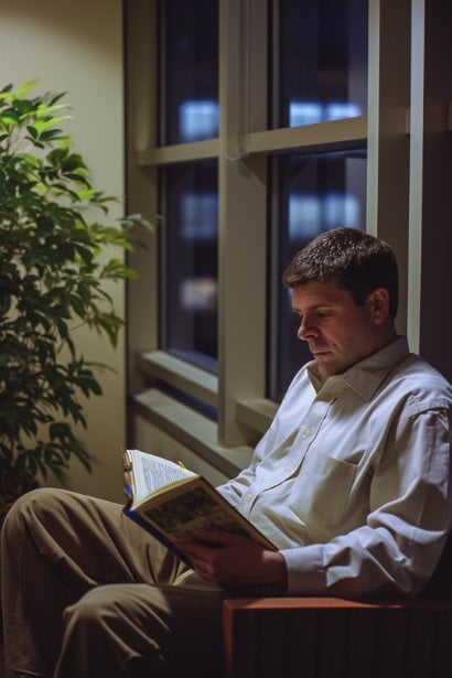 A male employee in his late twenties, sitting in a quiet corner of the office, deeply engrossed in reading an industry-related book. He's showing an expression of curiosity and engagement.