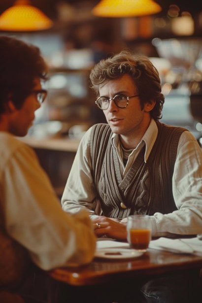A mature male professional, in a casual but neat outfit, having a friendly and engaging conversation with a former colleague at a coffee shop. Their expressions are warm and open, indicating a successful reconnection.