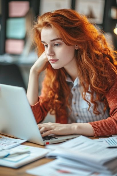 A young female professional at her desk, reviewing and editing her resume on a laptop. She is surrounded by various versions of her resume and a notepad with key points highlighted. Her expression is thoughtful and meticulous, focusing on the task of refining her resume.