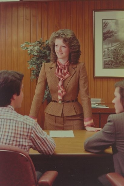 A photo capturing a young female manager, looking authoritative yet approachable, standing at the head of a small conference table. She's interacting with two team members, symbolizing a mid-tier role in a corporate hierarchy. The expressions of the team members show respect and attentiveness.