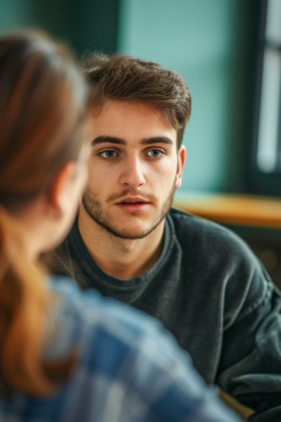 A photo showing a young male professional in a therapy session, looking thoughtful and engaged in conversation with a therapist, whose back is to the camera. The therapist appears attentive and supportive, symbolizing professional mental health support.