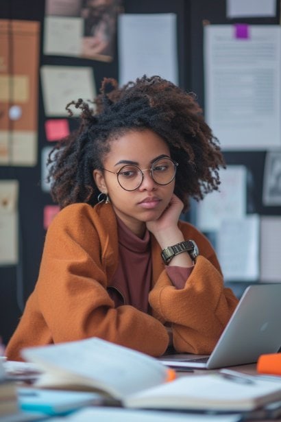 A photo of a young female professional sitting at a desk, looking introspective and focused. She is surrounded by notes, a laptop, and books, with a prominent list in front of her where she is writing down her strengths and weaknesses. Her expression is one of deep concentration, capturing the essence of self-evaluation.