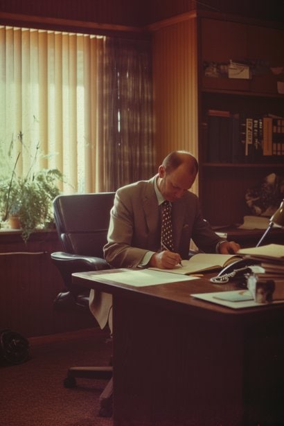 A man sitting at a desk in a quiet, well-lit room, writing in a journal. His expression is introspective and focused, illustrating the process of self-reflection and personal growth following the rejection of an apology.