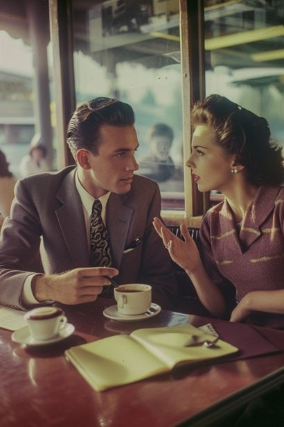 A male and a female professional seated at a quiet, cozy coffee shop, deeply engaged in conversation. The male is gesturing towards a notebook, illustrating the discussion's direction, while the female is listening attentively, nodding in agreement. Their expressions are relaxed yet focused, highlighting the productive and comfortable atmosphere of the coffee chat.