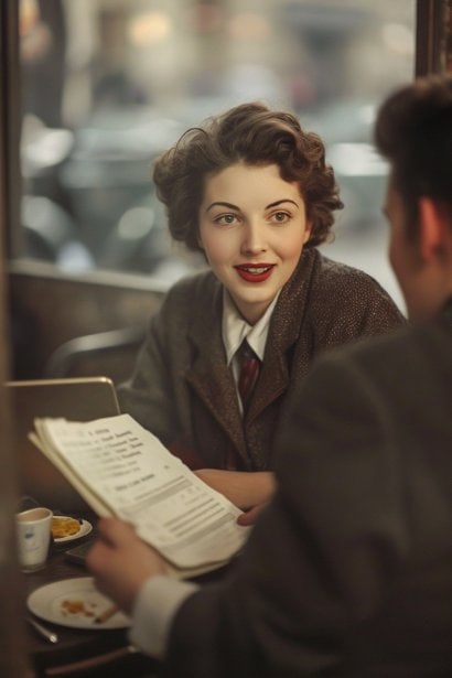 A female professional, showing excitement and curiosity, receiving a list of resources from a male colleague during a coffee chat. The setting is a quiet corner of a busy café, and they both are surrounded by laptops and notebooks, emphasizing the exchange of valuable professional information.