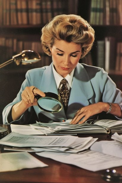 A female government official, looking meticulous and focused, sitting at a large desk, reviewing a stack of documents with a magnifying glass. This image captures the detailed and thorough nature of hiring in federal and institutional contexts.
