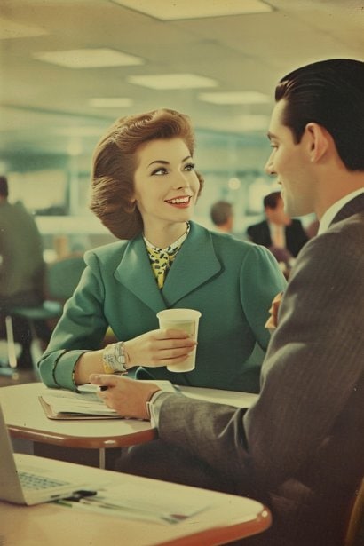  In a bright office cafeteria, a male professional is initiating a conversation with a female colleague who is seated at a table. Both are smiling, with the male holding a coffee cup and the female looking up from her laptop, illustrating a casual, friendly workplace interaction.