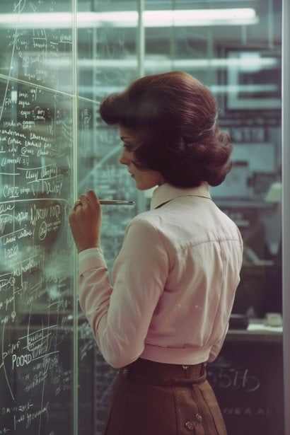 A female professional in her early thirties, standing in her well-organized office space, writing on a glass wall that's used as a planner. She exhibits a focused and determined demeanor, with various time management strategies, like the Pomodoro Technique and SMART goals, visibly outlined on the wall.