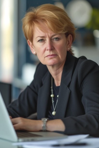 A mature female professional, exuding confidence and professionalism, sending an email on her laptop, likely a follow-up message after her job reapplication. Her expression is one of determination and hope, with a neat, office-like background setting.