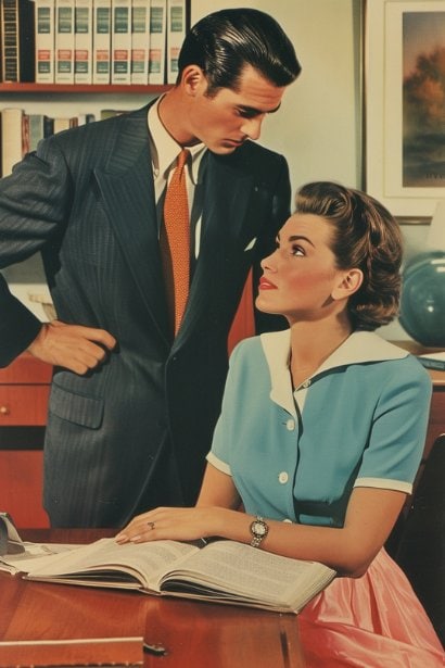 A male manager and a female employee in a private office setting. The manager, looking empathetic and concerned, is giving feedback, while the employee is attentively listening and nodding, showing a respectful feedback session.
