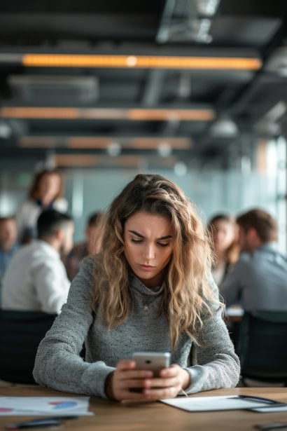 A young female professional at her desk, looking at her smartphone with a slight frown, symbolizing FOMO. Behind her, colleagues are gathered around a table, involved in a discussion, conveying the sense of missing out on a group activity.