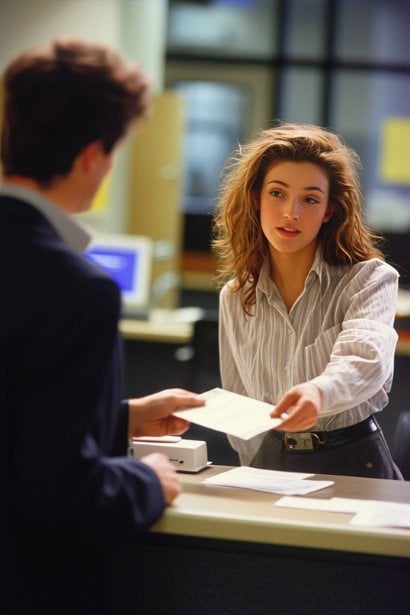 A female professional, appearing sincere and grateful, handing a thank-you card to a male colleague in an office setting. The colleague is receiving the card with a surprised and pleased expression, emphasizing the value of personal appreciation.