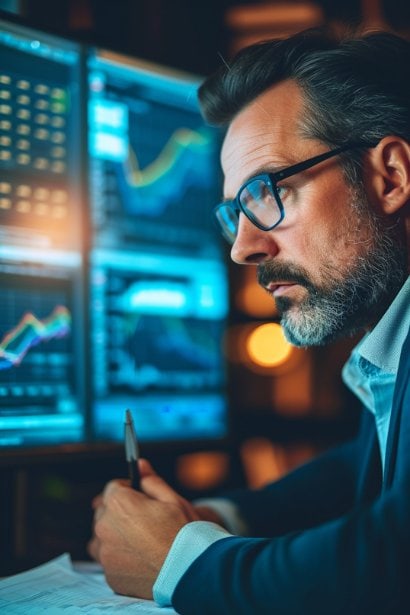 A male analyst, appearing analytical and focused, in front of a large monitor displaying graphs and trends about the labor market and economic conditions. He is taking notes, symbolizing the analysis of broader market dynamics.