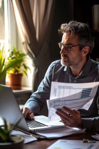 A male professional in his 40s, in a home office, examining financial documents and a laptop screen displaying sales figures. His expression is serious and contemplative, reflecting the focus on compensation, commissions, and contractual agreements.
