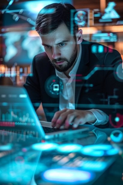 A male professional in his early 30s, working on a laptop with futuristic virtual sales tools on display. He looks forward and optimistic, symbolizing the evolving technologies and trends in remote sales.