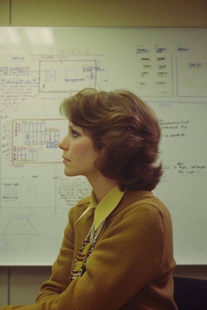 A female manager, appearing thoughtful and focused, in a small meeting room with a whiteboard. The whiteboard has notes and diagrams about team structure and morale, reflecting her consideration of management's impact on turnover.