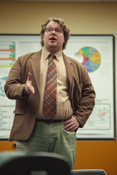 A young male professional in a meeting room, standing confidently as he gestures towards a chart on the wall that outlines work-life balance principles. His expression is firm yet approachable, indicating his commitment to setting personal and professional boundaries.