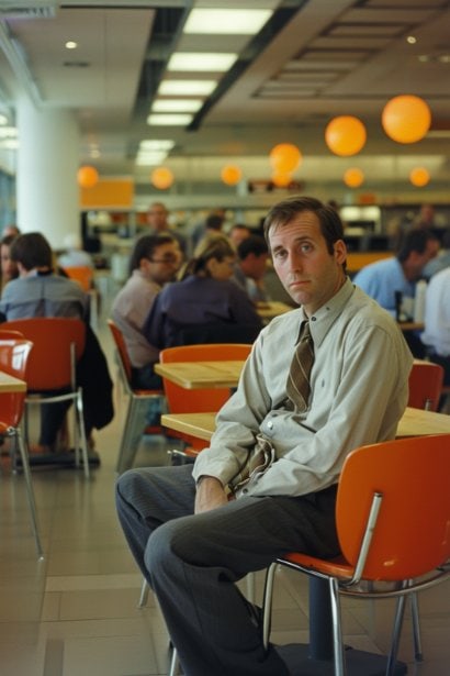 A male employee, appearing isolated and detached, sitting alone in a spacious, modern office cafeteria. Around him are groups of colleagues chatting and interacting, emphasizing his feeling of exclusion and the office's social dynamics.