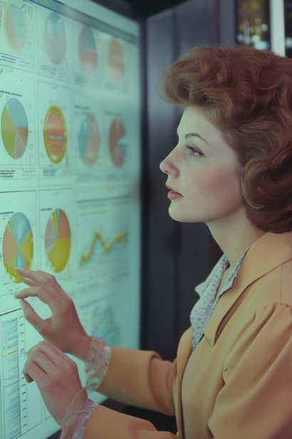 A female professional, around 30 years old, demonstrating a sales presentation on a large screen during a virtual meeting. Her expression is confident and articulate, showcasing her communication skills. The screen displays graphs and sales strategies, indicating her proficiency in the sales process.