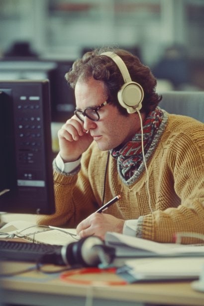 A male worker in his early thirties, at his desk with headphones on, writing in a to-do list notebook. He appears concentrated and efficient, with a computer screen in the background showing a well-organized digital task manager and a softly blurred playlist of instrumental music.