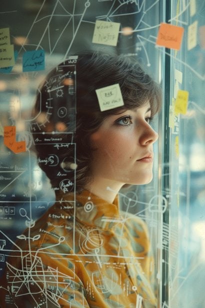 A young female professional, standing beside a glass wall covered in post-it notes and diagrams. She's thoughtfully analyzing a flowchart that represents different departments within a company, symbolizing her contemplation of an internal transfer. Her expression is pensive and determined, illustrating the thoughtful consideration involved in such a decision.