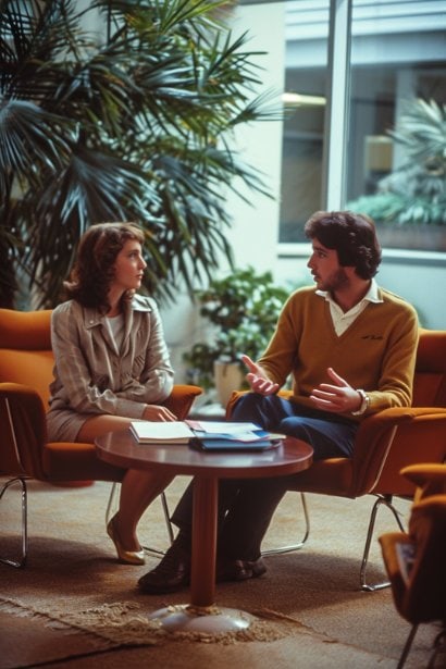 A mixed-gender small group discussion in a modern office setting. One man and one woman, both professionals, are engaged in a relaxed but focused conversation, sitting on comfortable chairs with a coffee table between them. The man is gesturing with his hand as if explaining something, while the woman, with a notepad on her lap, listens attentively, nodding in understanding. This setting portrays a friendly yet professional atmosphere, emphasizing the concept of assessing cultural fit in a workplace.