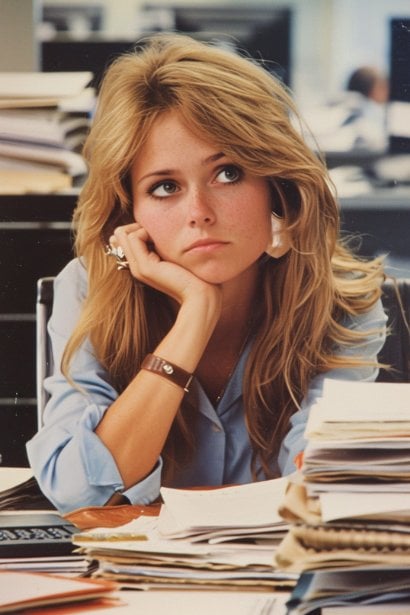 A photo depicting a young female professional sitting at her desk, looking slightly overwhelmed and contemplative, with a small pile of paperwork and her computer in front of her. Her expression conveys a mix of concern and thoughtfulness, capturing the essence of workplace guilt.