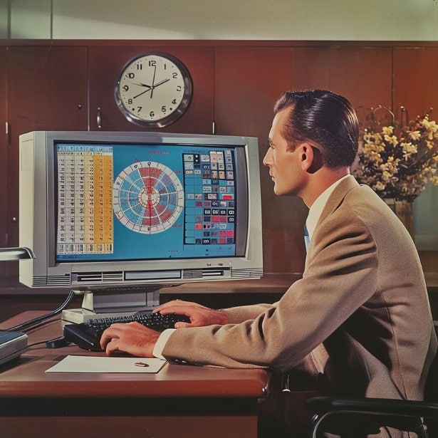 A single male office worker, in his late twenties, sitting at his desk with an intrigued expression. He's looking at a large desktop monitor displaying a colorful, interactive graphic about the concept of time perception and flow state in the workplace. The background subtly features a clock and a calendar, symbolizing the passage of time.
