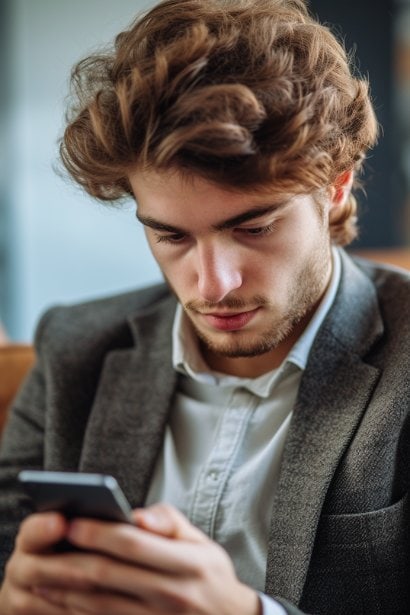 A young male executive, with a look of realization and determination, is sitting in a modern office. He's holding his smartphone, visibly reading a confirmation text message. His expression conveys a mix of relief and acknowledgement, emphasizing the importance of meeting confirmations.