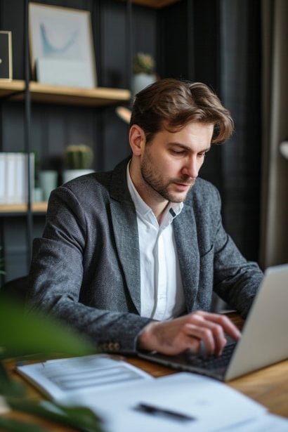 A male professional in his mid-30s, dressed in smart casual attire, sitting at a modern, minimalistic home office. He's engaged in a video call on his laptop, illustrating a remote closing conversation. His expression is focused and persuasive, with a backdrop of a neat, professional home office setting.