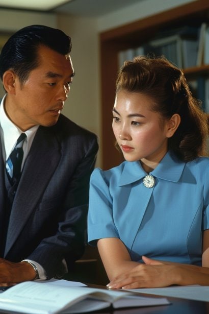 A middle-aged Asian male boss discreetly observing a young female employee, who appears to be unaware of the attention. Both are in a professional setting, and the boss's expression is one of subtle contemplation, hinting at unspoken personal feelings.